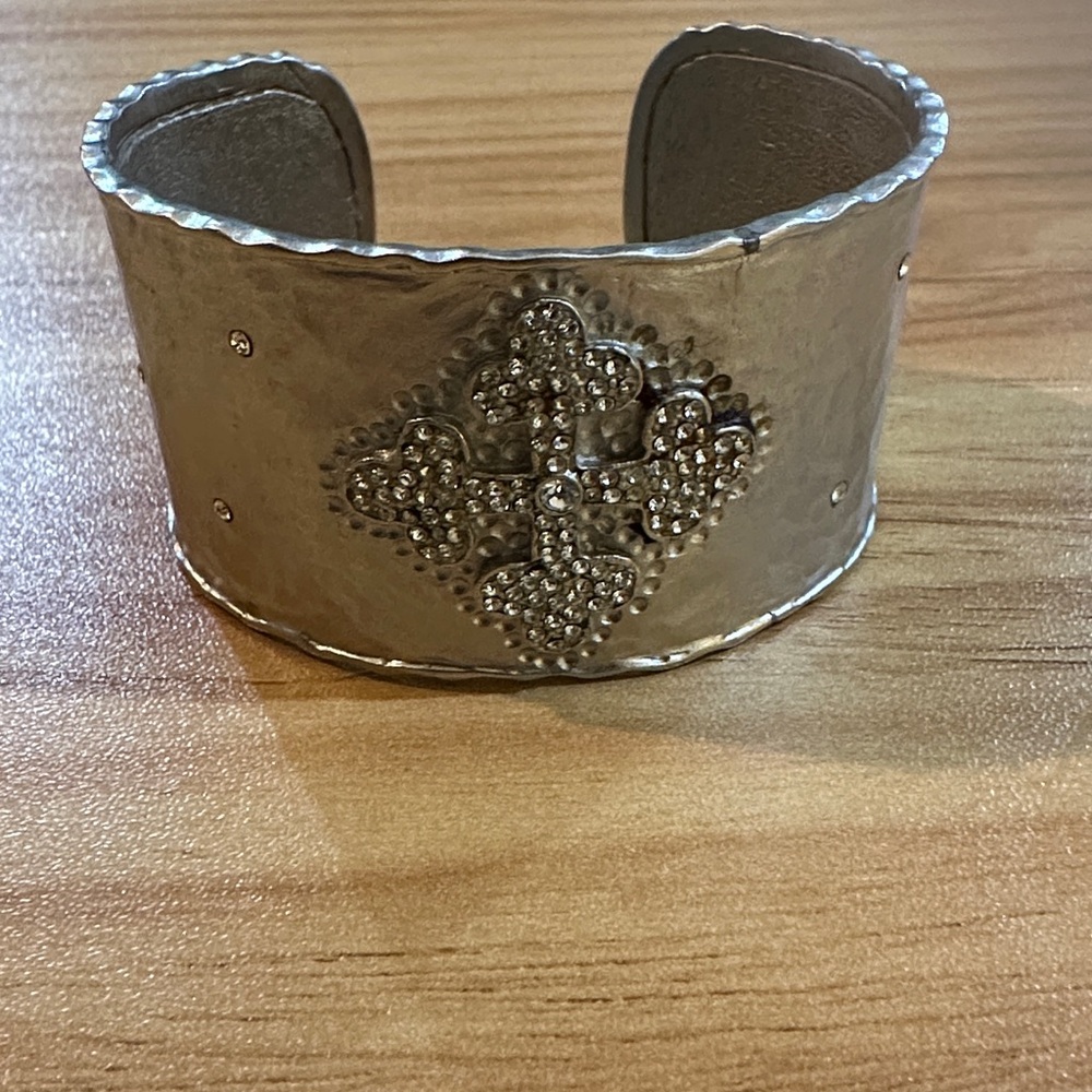 Virgin Saints and Angels Silver Hammered Cuff Bracelet with Crystal Cross Accent - Picture 2 of 5